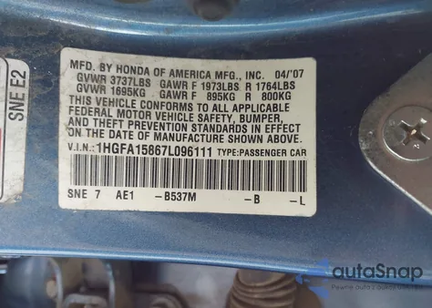 2007 Honda Civic Ex из США, поврежденный, VIN 1HGFA15867L096111